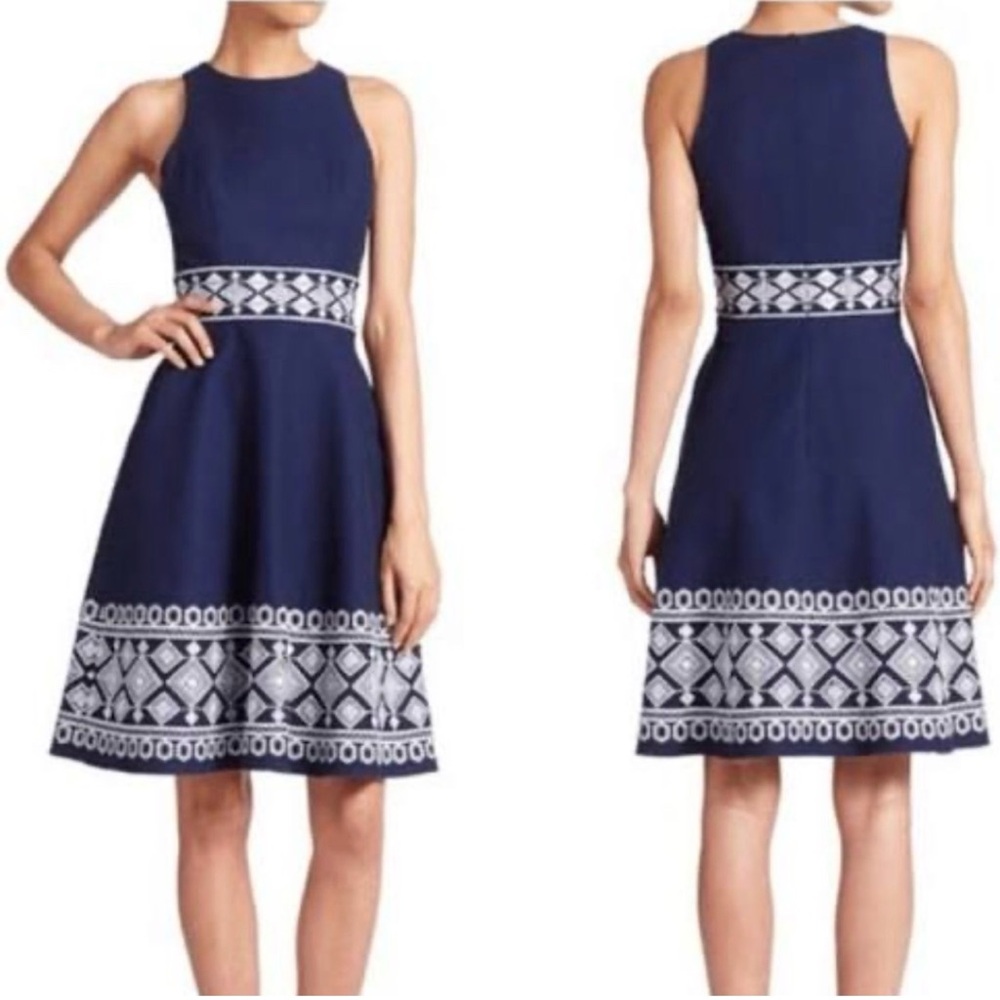 Shoshanna Navy Blue Midi Dress with White Embroidery